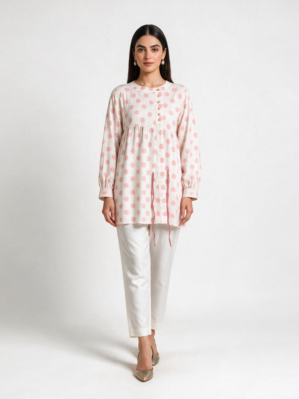 1Pc Printed Fusion Top Seer Sucker White & Pink - OWTP-2607008
