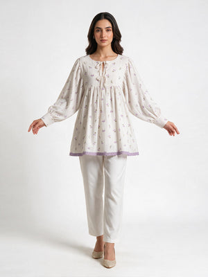 1Pc Printed Fusion Top Seer Sucker White & Purple - OWTP-2607009