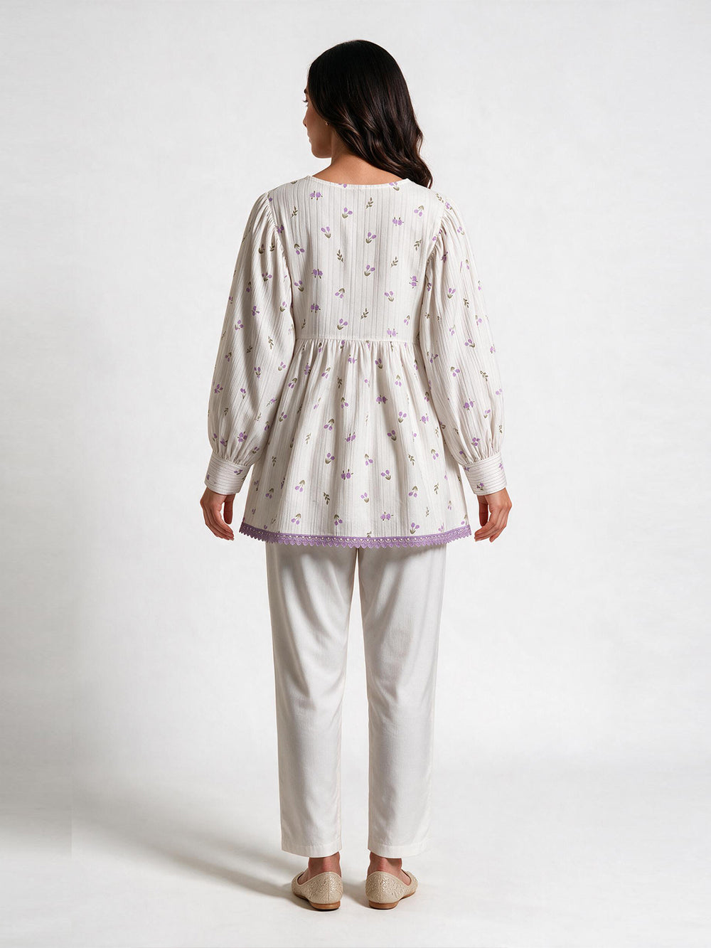 1Pc Printed Fusion Top Seer Sucker White & Purple - OWTP-2607009