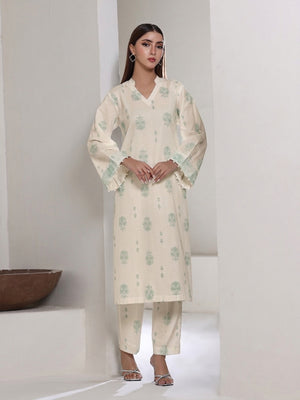 2Pc Screen Print Pret Shirt Trouser Dyed Cambric Off White & Green - OW2P-2508011