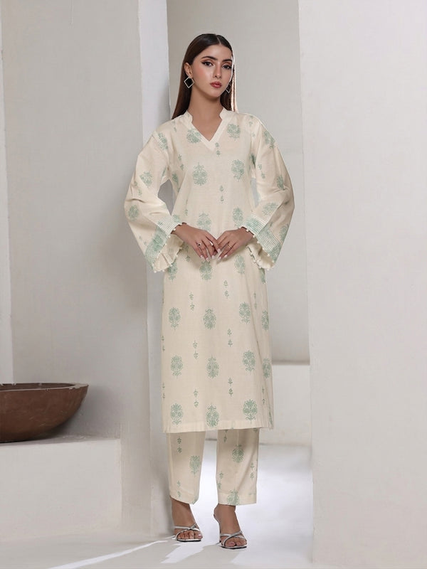 2Pc Screen Print Pret Shirt Trouser Dyed Cambric Off White & Green - OW2P-2508011