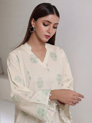 2Pc Screen Print Pret Shirt Trouser Dyed Cambric Off White & Green - OW2P-2508011