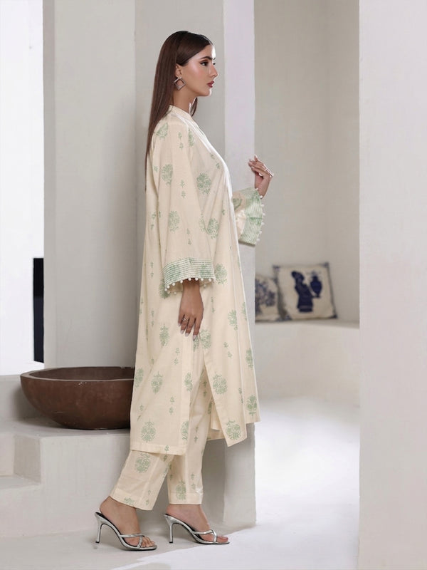 2Pc Screen Print Pret Shirt Trouser Dyed Cambric Off White & Green - OW2P-2508011