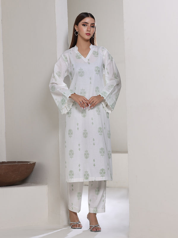 2Pc Screen Print Pret Shirt Trouser Dyed Cambric White & Green - OW2P-2508011