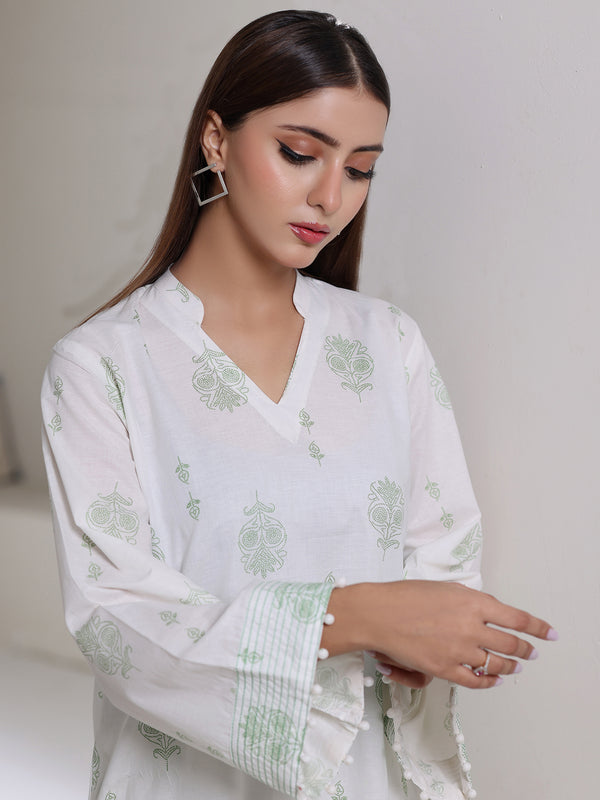 2Pc Screen Print Pret Shirt Trouser Dyed Cambric White & Green - OW2P-2508011