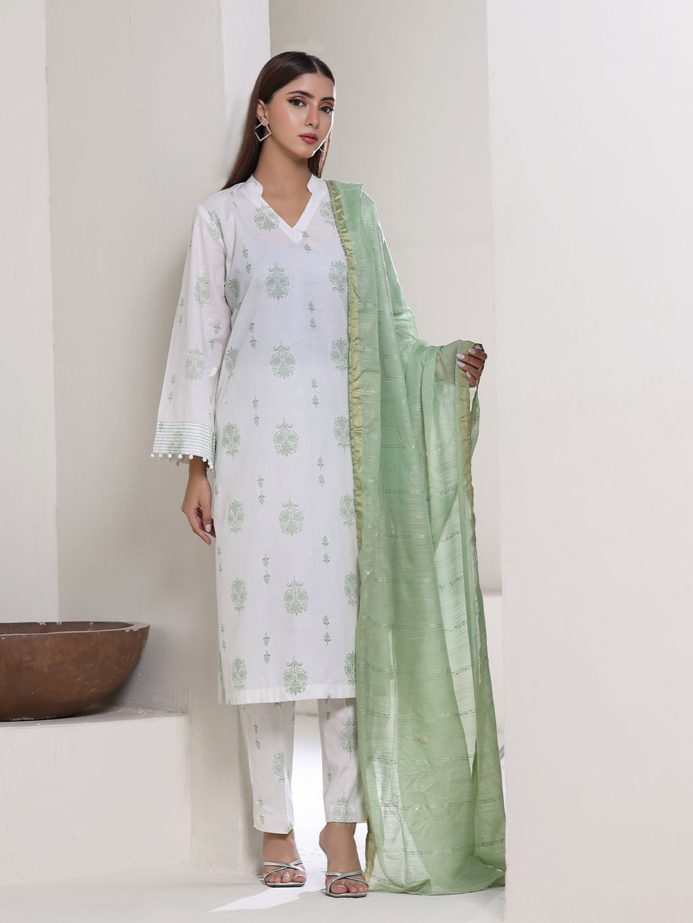 3Pc Screen Print Pret Suit Dyed Cambric White & Green - OW3P-2508011