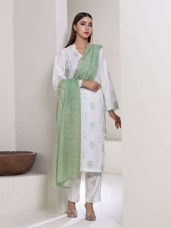 3Pc Screen Print Pret Suit Dyed Cambric White & Green - OW3P-2508011