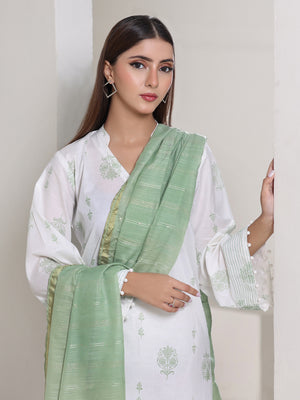 3Pc Screen Print Pret Suit Dyed Cambric White & Green - OW3P-2508011