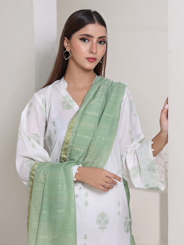 3Pc Screen Print Pret Suit Dyed Cambric White & Green - OW3P-2508011