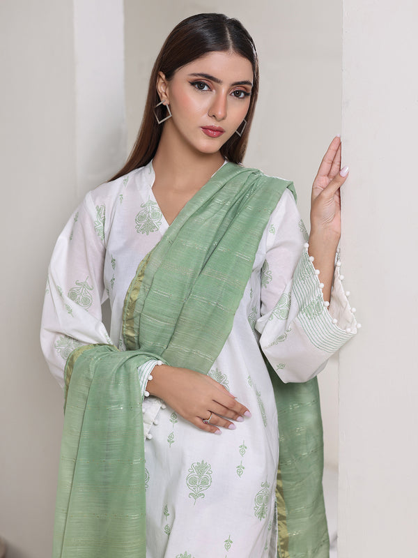 3Pc Screen Print Pret Suit Dyed Cambric White & Green - OW3P-2508011