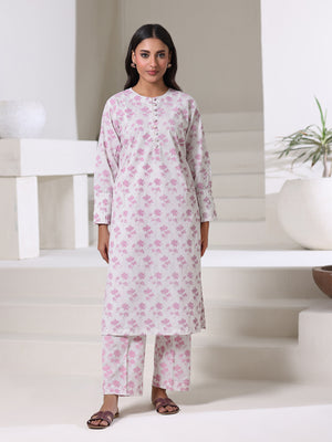 1Pc Screen Print Pret Kurti Dyed Cambric White & Pink - OWKT-2508013