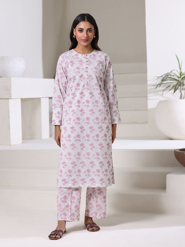 1Pc Screen Print Pret Kurti Dyed Cambric White & Pink - OWKT-2508013