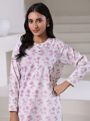 1Pc Screen Print Pret Kurti Dyed Cambric White & Pink - OWKT-2508013