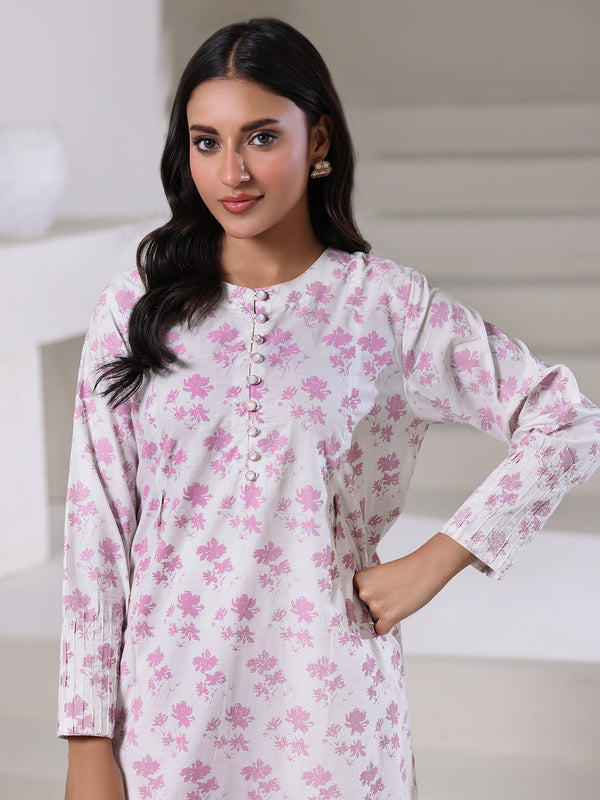1Pc Screen Print Pret Kurti Dyed Cambric White & Pink - OWKT-2508013