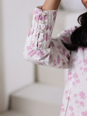 1Pc Screen Print Pret Kurti Dyed Cambric White & Pink - OWKT-2508013