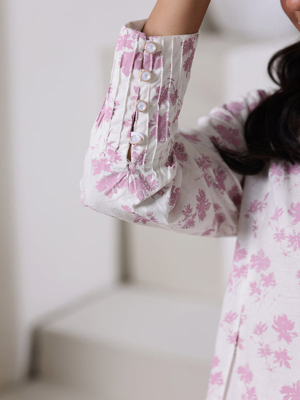 1Pc Screen Print Pret Kurti Dyed Cambric White & Pink - OWKT-2508013