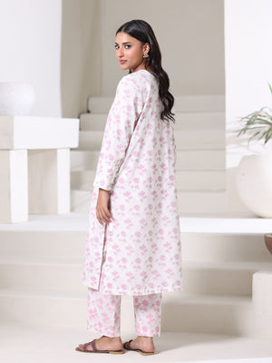 1Pc Screen Print Pret Kurti Dyed Cambric White & Pink - OWKT-2508013
