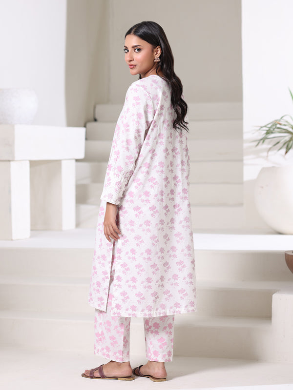 1Pc Screen Print Pret Kurti Dyed Cambric White & Pink - OWKT-2508013