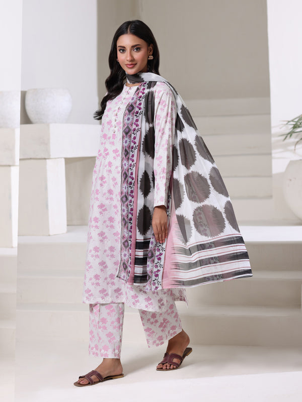 3Pc Screen Print Pret Suit Dyed Cambric White & Pink - OW3P-2508013