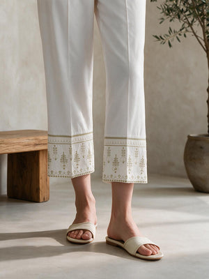 Women White Cambric Embroidered Trouser - OWESP-2301030