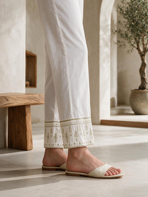 Women White Cambric Embroidered Trouser - OWESP-2301030