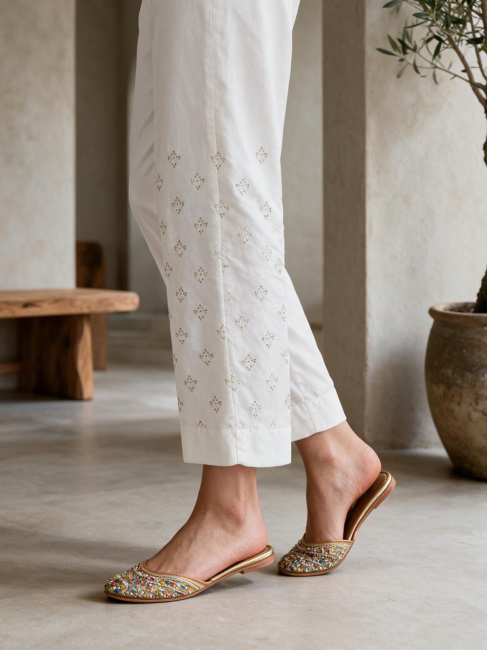 Women White Cotton Silk Embroidered Trouser - OWESP-2301024-4
