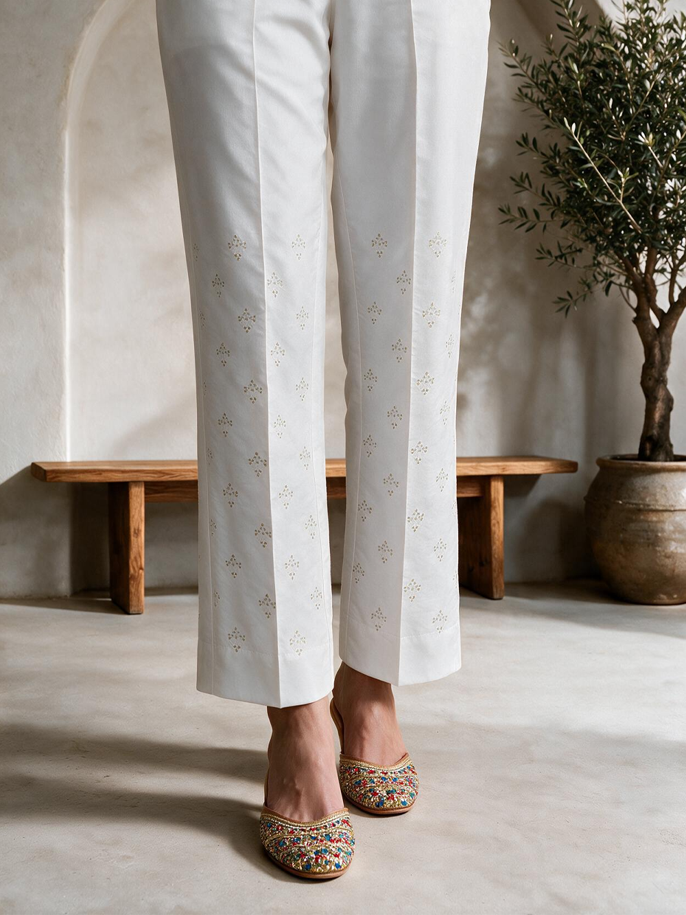 Women White Cotton Silk Embroidered Trouser - OWESP-2301024-4