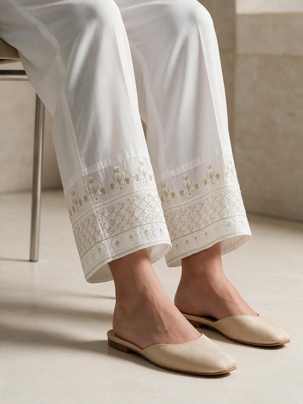 Women White Cotton Silk Embroidered Trouser - OWESP-2301031-1