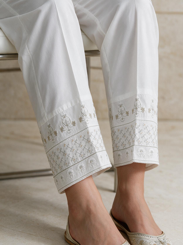 Women White Cotton Silk Embroidered Trouser - OWESP-2301031-1