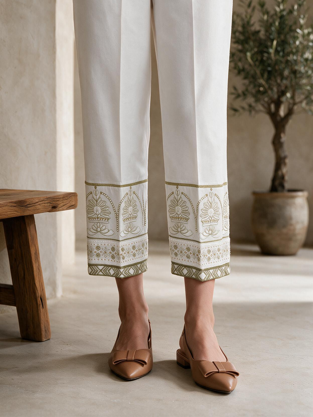 Women White Lawn Trouser - OWESP-2301029
