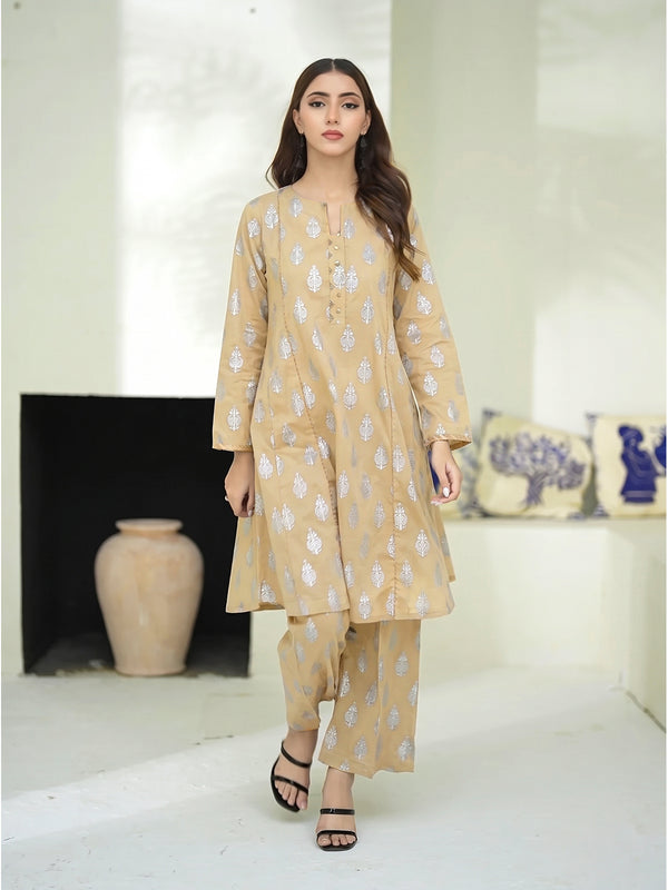 2Pc Screen Print Pret Shirt Trouser Cambric Beige - OW2P-2508018