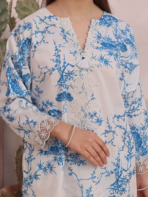 2Pc Embroidered Pret Shirt & Trouser Cambric White & Blue - OGE2P-2412059