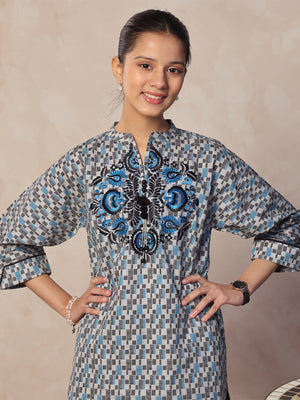 2Pc Embroidered Pret Shirt & Trouser Lawn Grey & Blue - OGE2P-2412058