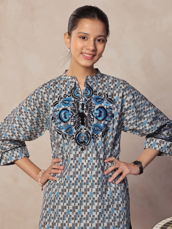 2Pc Embroidered Pret Shirt & Trouser Lawn Grey & Blue - OGE2P-2412058