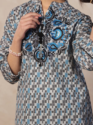 2Pc Embroidered Pret Shirt & Trouser Lawn Grey & Blue - OGE2P-2412058