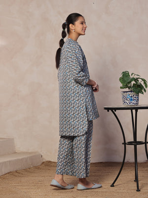 2Pc Embroidered Pret Shirt & Trouser Lawn Grey & Blue - OGE2P-2412058