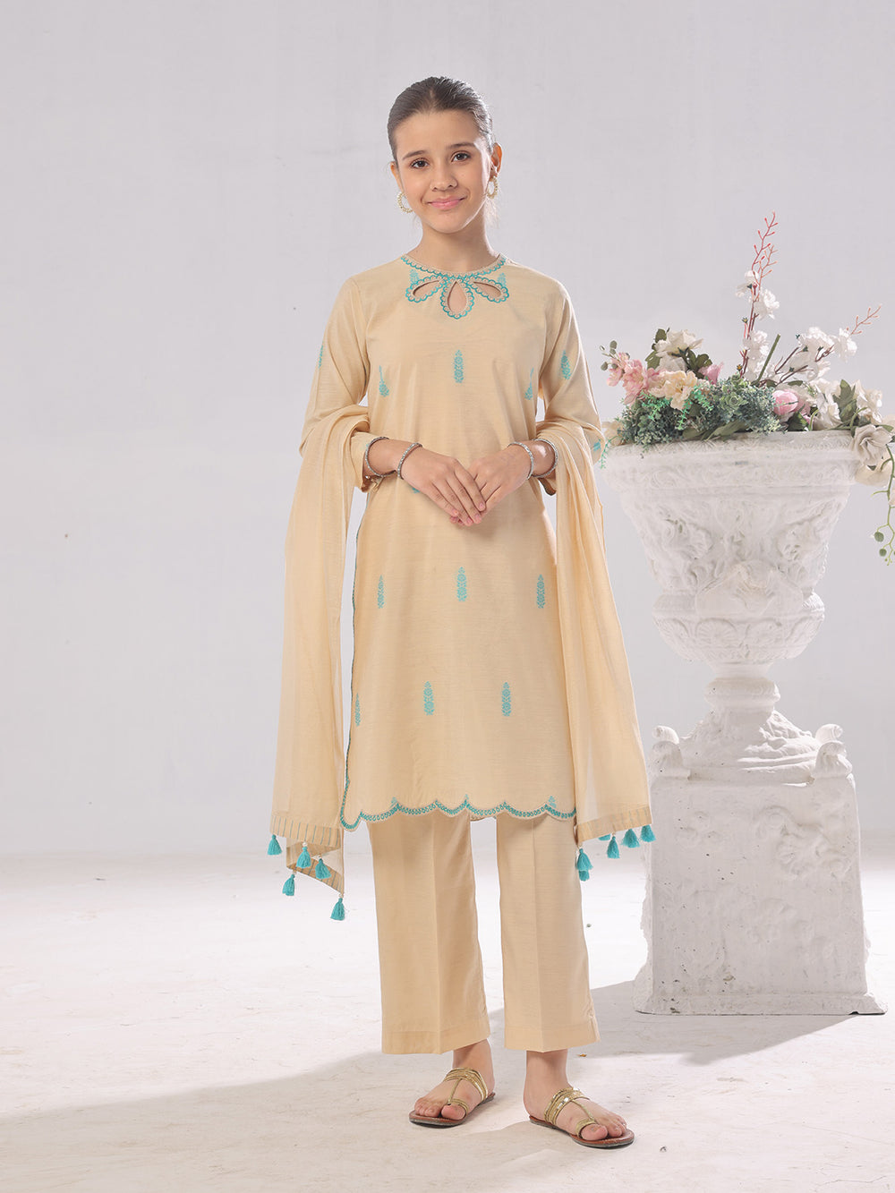 3Pc Embroidered Pret Suit Cotton Silk Beige - OGE3P-2410018