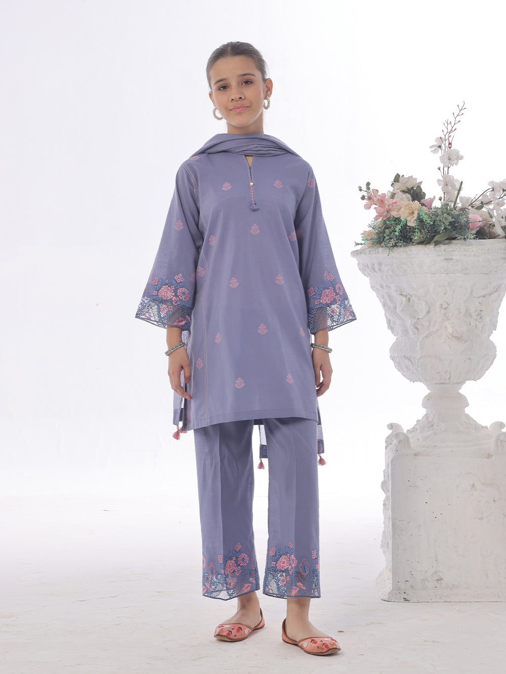 3Pc Embroidered Pret Suit Cotton Silk Blue - OGE3P-2410020
