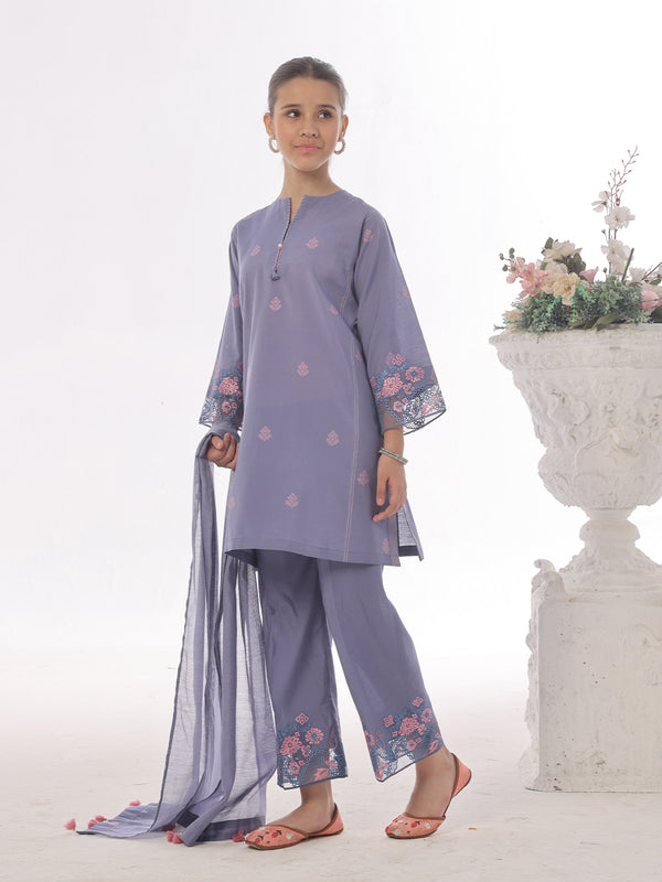3Pc Embroidered Pret Suit Cotton Silk Blue - OGE3P-2410020