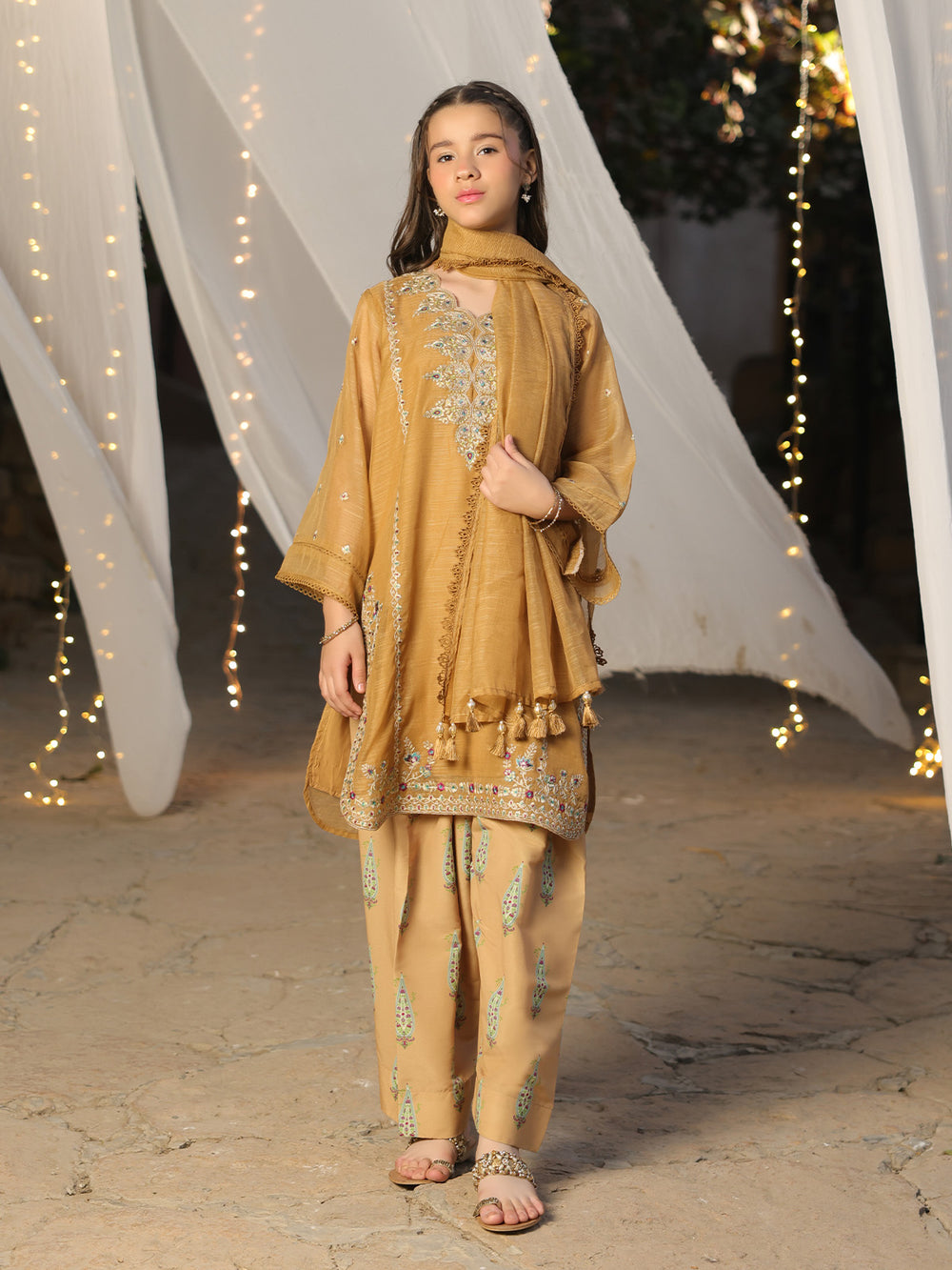 3Pc Embroidered Pret Suit Net Slub Polly Light Brown - OGE3P-2410021