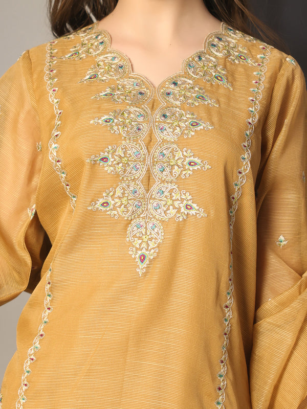 3Pc Embroidered Pret Suit Net Slub Polly Light Brown - OGE3P-2410021