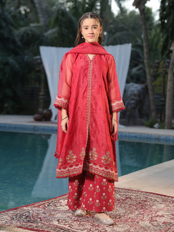 3Pc Embroidered Pret Suit Net Slub Polly Red - OGE3P-2410022