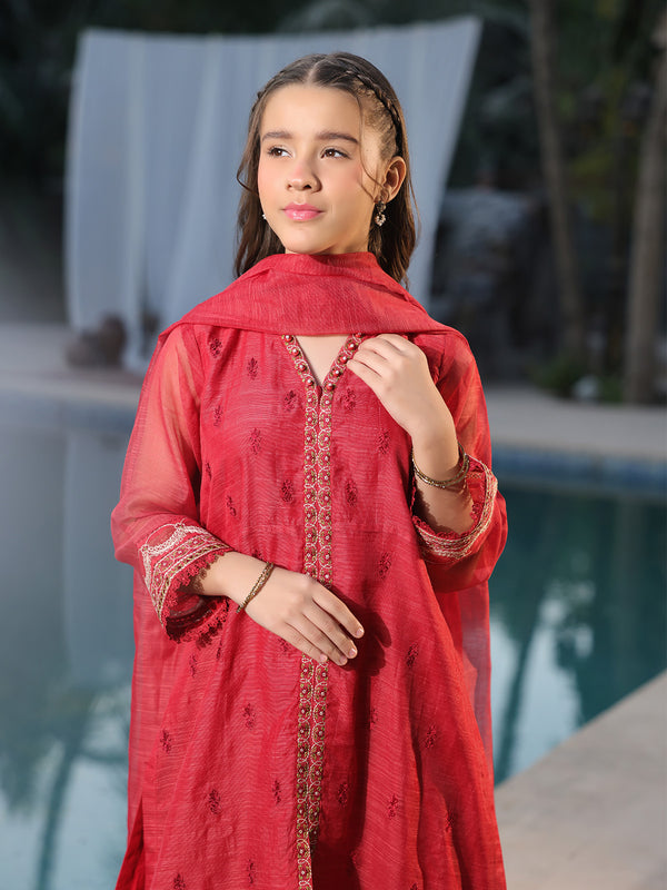 3Pc Embroidered Pret Suit Net Slub Polly Red - OGE3P-2410022