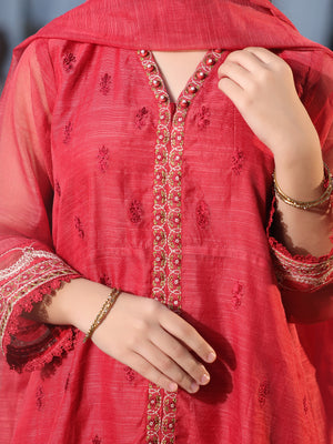 3Pc Embroidered Pret Suit Net Slub Polly Red - OGE3P-2410022