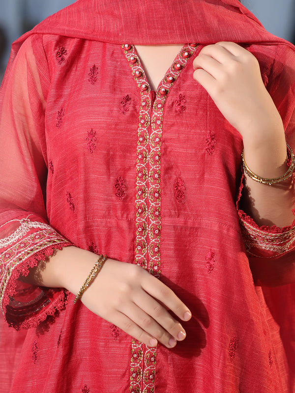 3Pc Embroidered Pret Suit Net Slub Polly Red - OGE3P-2410022