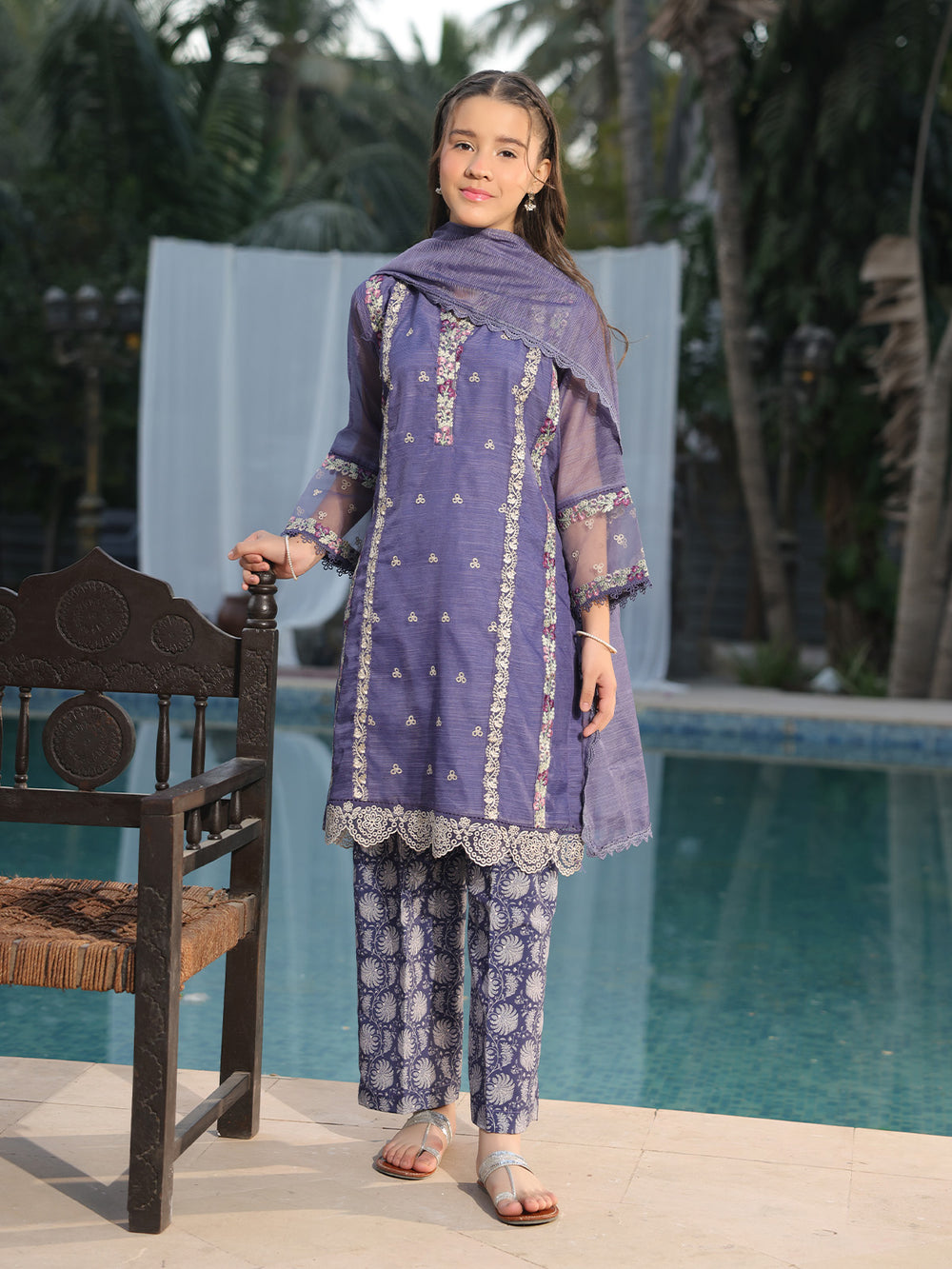 3Pc Embroidered Pret Suit Net Slub Polly Navy Blue - OGE3P-2410024