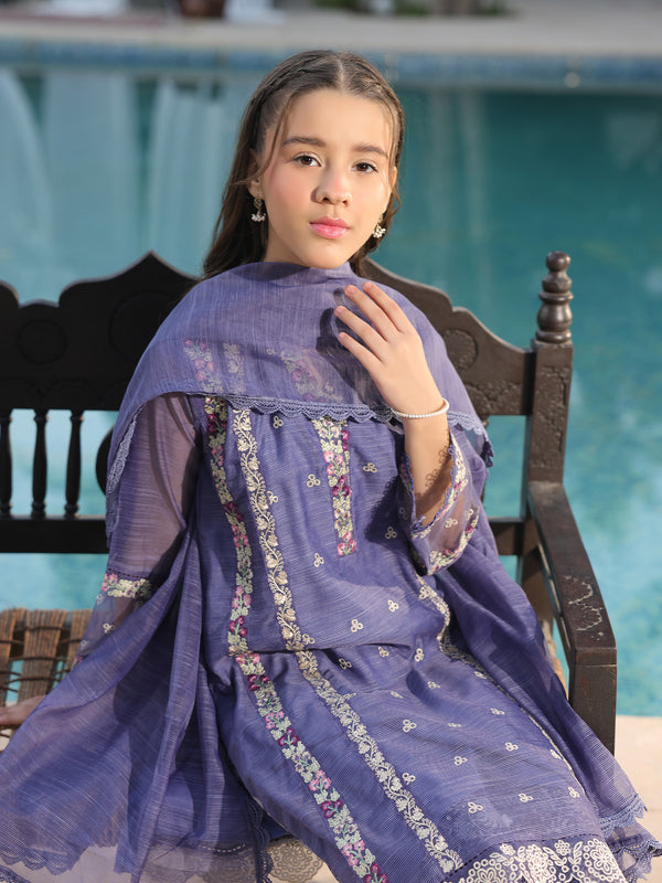 3Pc Embroidered Pret Suit Net Slub Polly Navy Blue - OGE3P-2410024