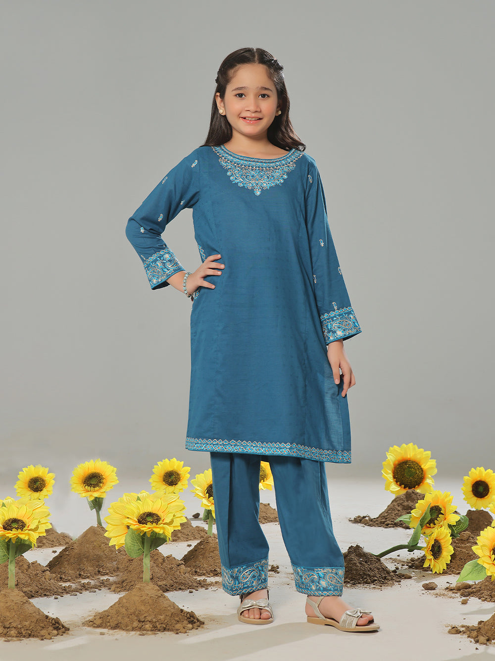 2Pc Embroidered Pret Shirt Trouser Dobby Blue - OGE2P-2405011