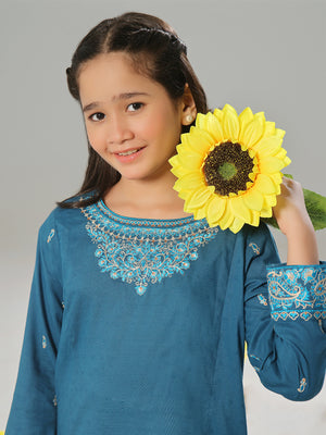 2Pc Embroidered Pret Shirt Trouser Dobby Blue - OGE2P-2405011