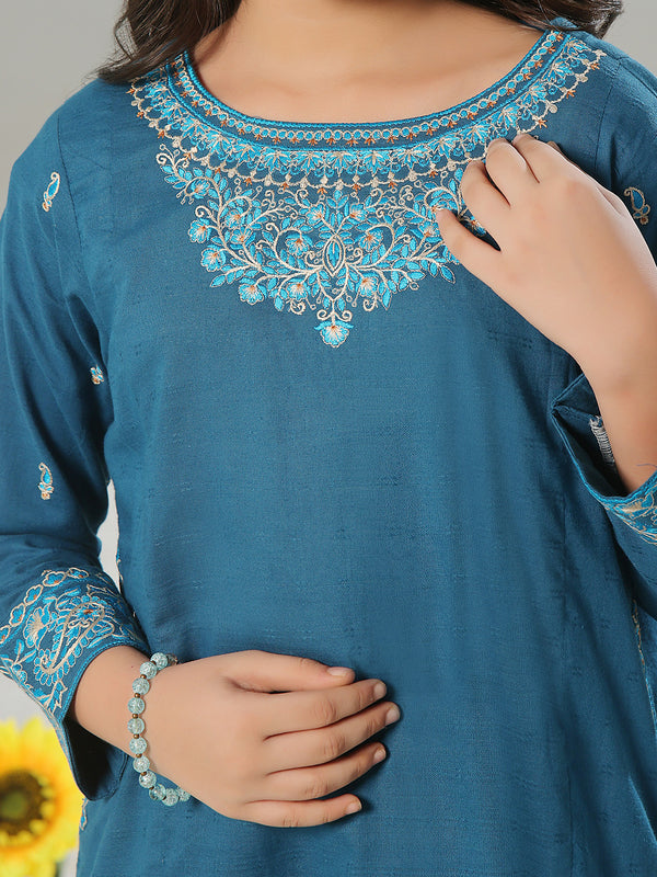 2Pc Embroidered Pret Shirt Trouser Dobby Blue - OGE2P-2405011